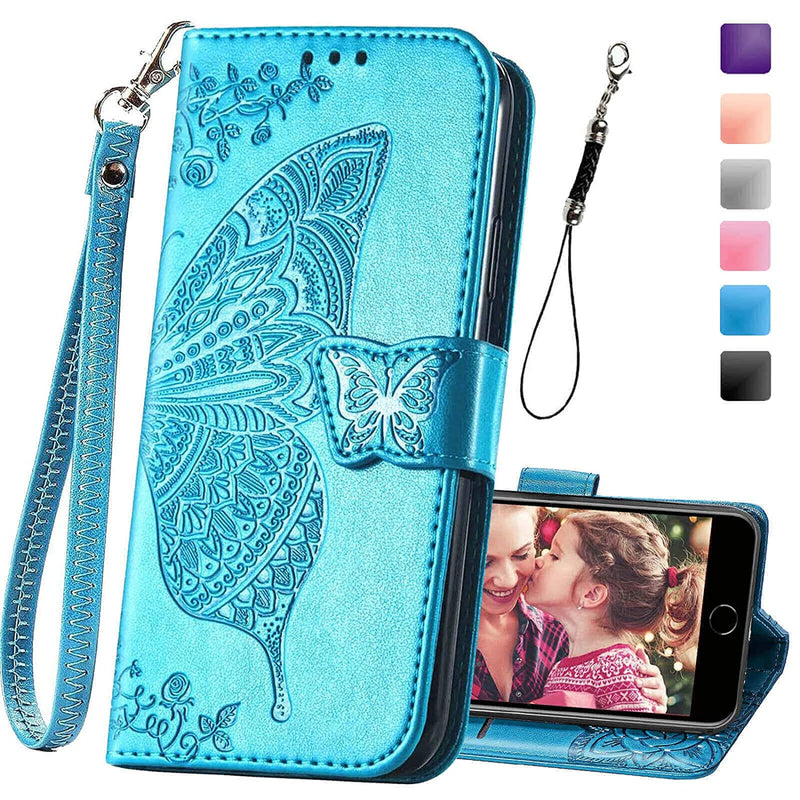 Wallet Case For Iphone Se 2020 Se 2022 Iphone 8 Iphone 7 Women Butterfly Embossed Pu Leather Kickstand Credit Card Holder Slots Wrist Strap Flip Folio Cover For Iphone 7 8 Se 2Nd Se 3Rd Gen Blue