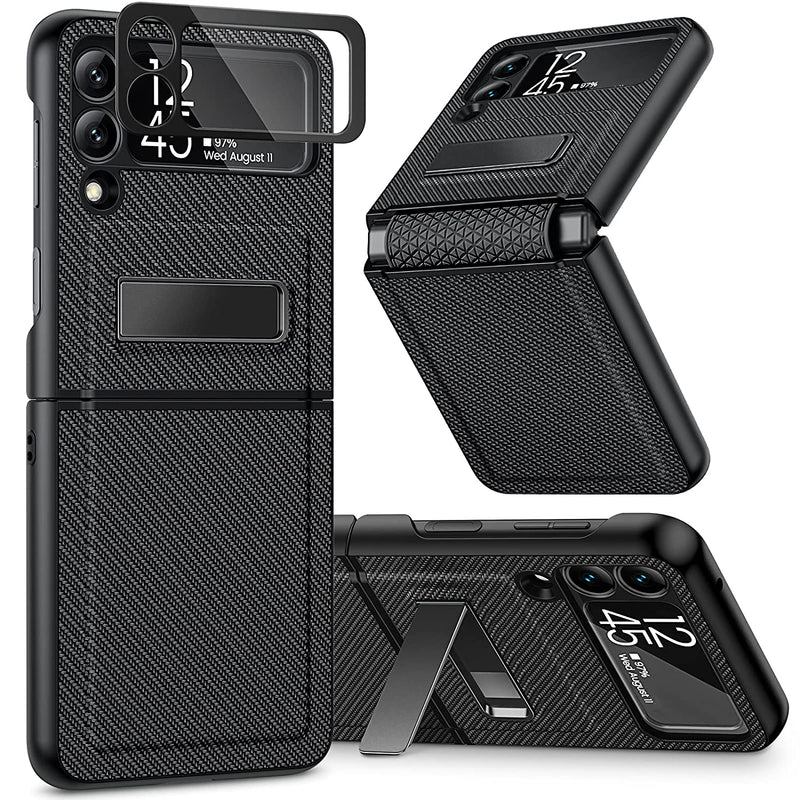 Caka Compatible With Galaxy Z Flip 3 5G Kickstand Case Z Flip 3 Case With Camera Protector Hinge Protection Wireless Charging Compatible Cover Case For Samsung Galaxy Z Flip 3 Carbon Fiber Black