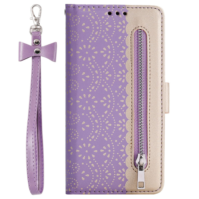 Iphone 13 Pro Wallet Case For Women Dmaos Lace Synthetic Leather Cover With Cute Bowtie Wrist Strap Girly For Iphone13 Pro 2021 6 1 Inch Purple