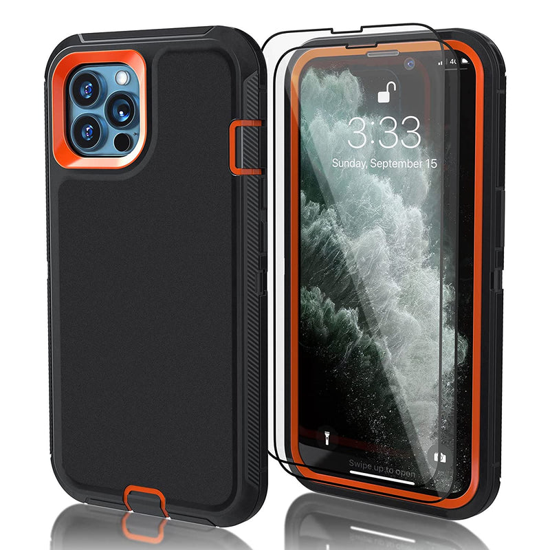 Designed For Iphone 13 Pro Case With 2 Tempered Glass Screen Protector Support Wireless Charging Rugged Heavy Duty Military Grade Cover Drop Proof Shockproof Protection Phone Caseblack Orange
