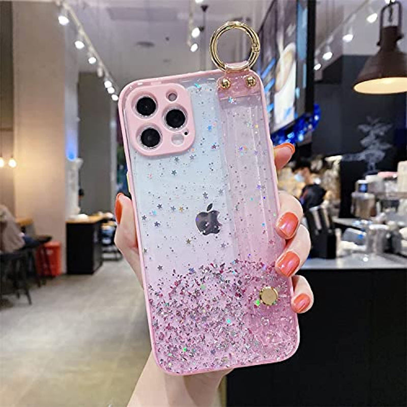For Iphone 12 Pro Max Girly Case Pink Wrist Strap Wrist Band Bling Glitter Case Women Girls Ladies Kickstand Protective Shinny Shockproof Cell Phone Case Funda 6 7