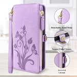 Lacass Cards Theft Scan Protection 10 Card Slots Holder Zipper Pocket Wallet Case Flip Leather Cover Wrist Strap Magnetic Closure Stand Carrying Pouch For Oneplus Nord N100 Floral Purple