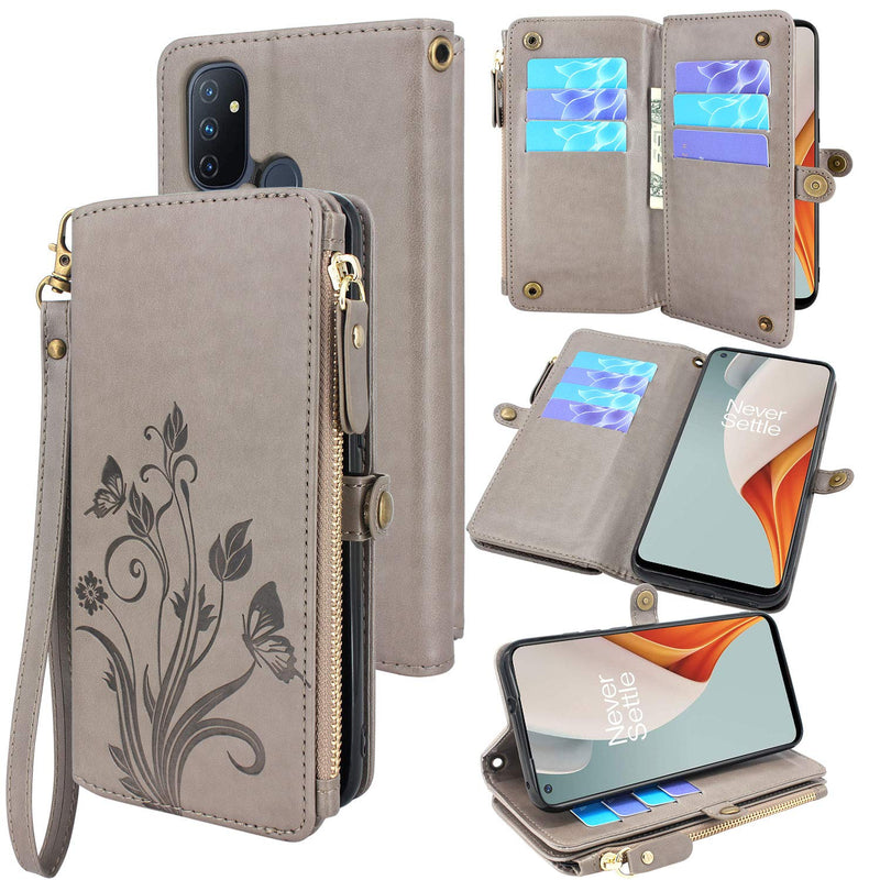 Lacass Cards Theft Scan Protection 10 Card Slots Holder Zipper Pocket Wallet Case Flip Leather Cover Wrist Strap Magnetic Closure Stand Carrying Pouch For Oneplus Nord N100 Floral Gray