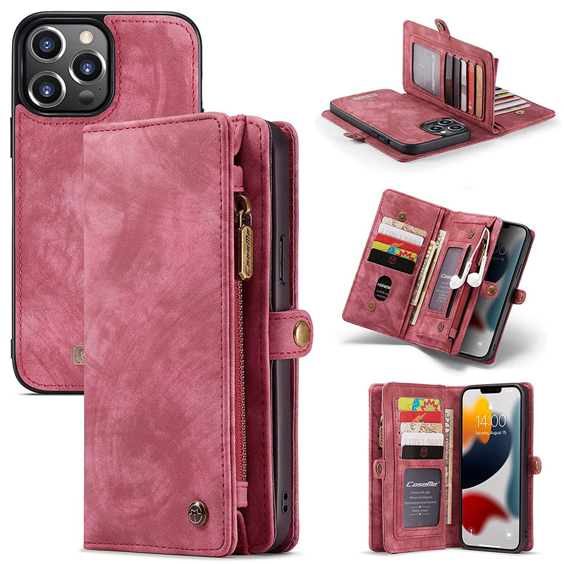 Kowauri For Iphone 13 Pro Max Wallet Case Zipper Purse Leather Shockproof Tpu Bumper Detachable Magnetic Flip Case With Card Slots Stand Holder Wallet Case For Iphone 13 Pro Max 6 7 Inch 2021 Red