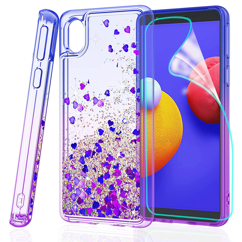 Zingcon Compatible For Samsung Galaxy A01 Core M01 Core A3 Core Phone Case Hd Screen Protector Heavy Duty Shockproof Glitter Waterfall Quicksand Protective Case For Galaxy A01 Core Blue Purple