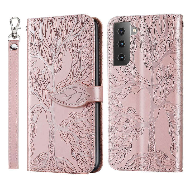 Cotdinfor Compatible With Samsung Galaxy S22 Wallet Case Galaxy S22 Case Leather With Card Holder Magnetic Kickstand Wrist Strap Shockproof Case For Samsung Galaxy S22 Life Tree Rose Gold