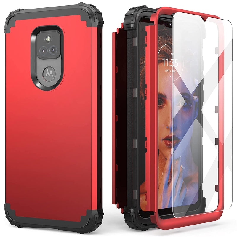 Moto G Play 2021 Case With Tempered Glass Screen Protector 3 In 1 Shockproof Slim Hybrid Heavy Duty Protection Hard Pc Cover Soft Silicone Rugged Bumper Full Body Moto G Play Case Red