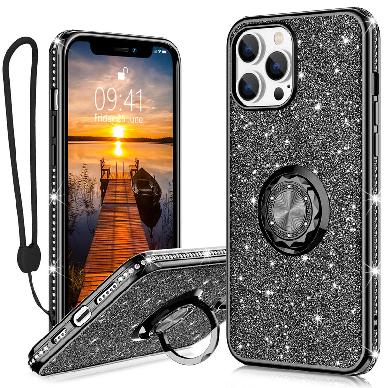 Bostone Iphone 13 Pro Max Case For Women Glitter Diamond Girls Ring Case With Wrist Strap Tpu Protective Phone Case For Iphone 13 Pro Max 6 7 Inch Black