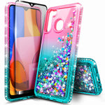 E Began Case For Samsung Galaxy A21 With Tempered Glass Screen Protector Glitter Flowing Liquid Floating Quicksand Sparkling Bling Diamond Girls Kids Women Cute Case Cover Pink Aqua