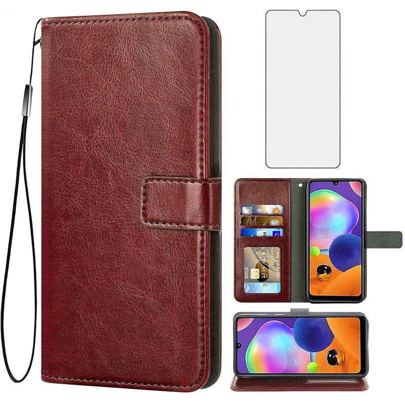 Samsung Galaxy A31 Wallet Case With Tempered Glass Screen Protector Leather Flip Cover Card Holder Stand Cell Phone Cases For Glaxay A 31 4G Gaxaly 31A A315G Women Men Brown