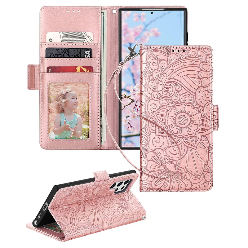 Petocase For Samsung Galaxy S22 Ultra Wallet Case Embossed Mandala Floral Leather Folio Flip Wristlet Shockproof Protective Id Credit Card Slots Holder Cover For Samsung Galaxy S22 Ultra Rose Gold