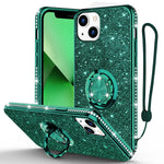 Bostone Phone Case For Iphone 13 Glitter Protective Case With 360 Degree Ring Stand For Women Girls Shockproof Tpu Bumper Case For Iphone 13 6 1 Inch Dark Green