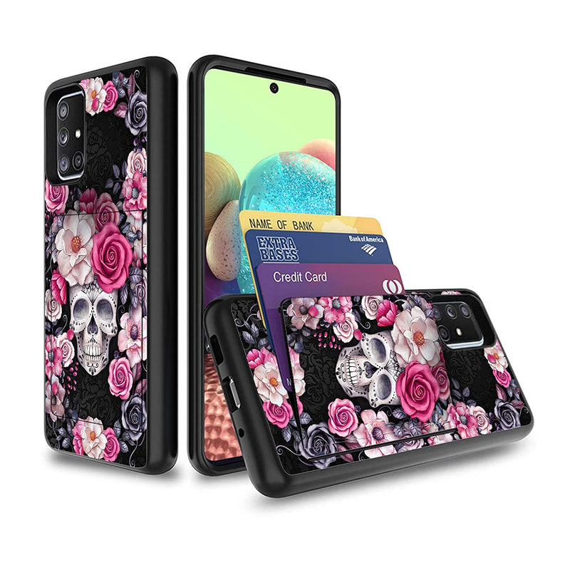 Lffsaw Galaxy A71 5G Case Dual Layer Shockproof Smooth Hard Back Cover Soft Inner Wallet Pocket Credit Card Id Protective Case For Samsung Galaxy A71 5G 2020 Skull In The Flowers