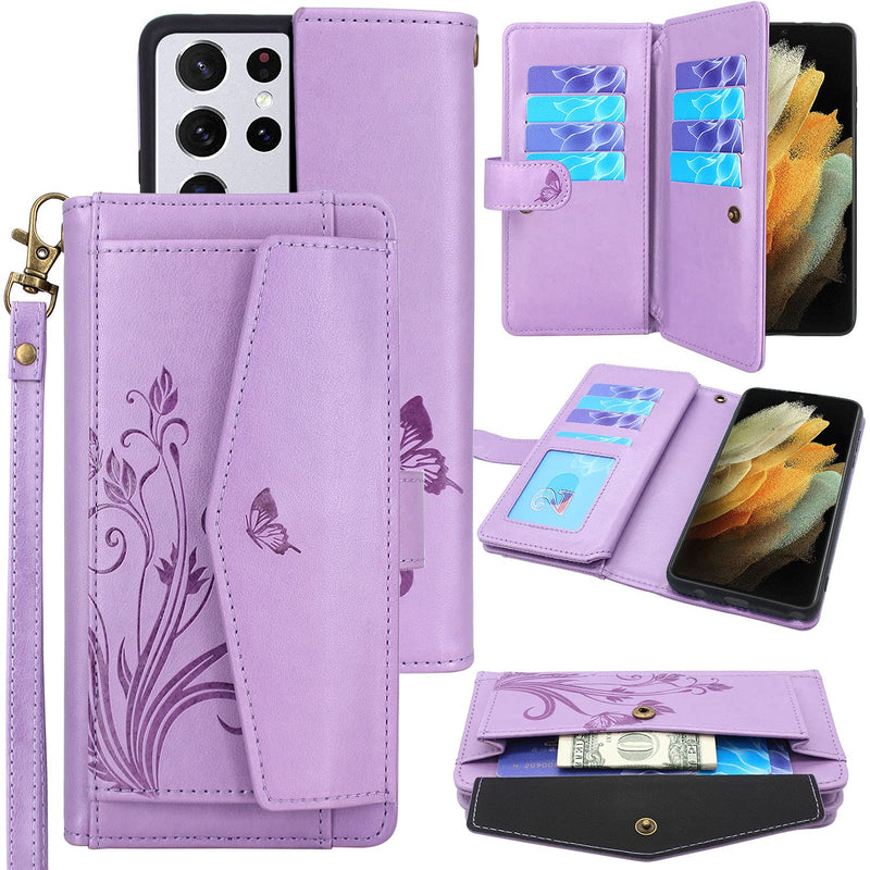 Lacass Compatible With Samsung Galaxy S21 Ultra 5G G998U 6 8 Inch 2021 Case 12 Card Slots Holder Pocket Wallet Case Stand Flip Leather Cover Wrist Strap Lanyard Butterfly Light Purple