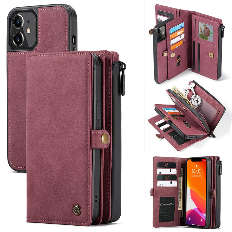 Caseme Compatible With Iphone 12 Case Iphone 12 Pro Case Detachable Zipper Leather Magnetic Pocket Wallet Case For Iphone 12 Pro Women Men Case Wallet With 15 Card Slots Holder 6 1 Inches Red