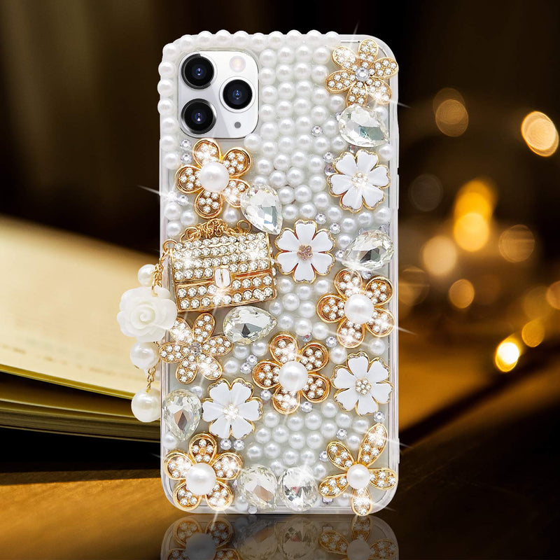 Guppy Compatible With Iphone 13 Pro Max Case For Women Girls Luxury 3Dbling Sparkle Glitter Rhinestone Crystal Pearl Gem Charm Handmade Pendant Handbag Flowers Soft Protective 6 7 Inch Ql3199 I13Pm 1