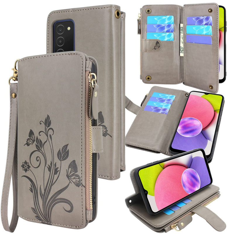 Lacass Cards Theft Scan Protection 10 Card Slots Holder Zipper Pocket Wallet Case Flip Leather Cover Wrist Strap Stand Carrying Pouch For Samsung Galaxy A03S Floral Gray