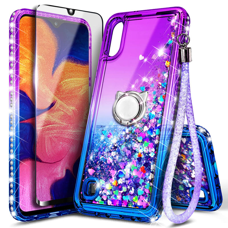 E Began Case For Samsung Galaxy A01 With Tempered Glass Screen Protector Full Coverage Ring Holder Wrist Strap Glitter Flowing Liquid Floating Sparkdiamond Girls Women Kids Cute Case Purple Blue