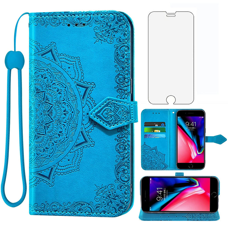 Iphone 7Plus 8Plus 7 8 Plus Wallet Case Tempered Glass Screen Protector And Leather Flip Cover Card Holder Cell Phone Cases For I Phone7S 7S 7 8S 8 Phones8 Women Men Blue