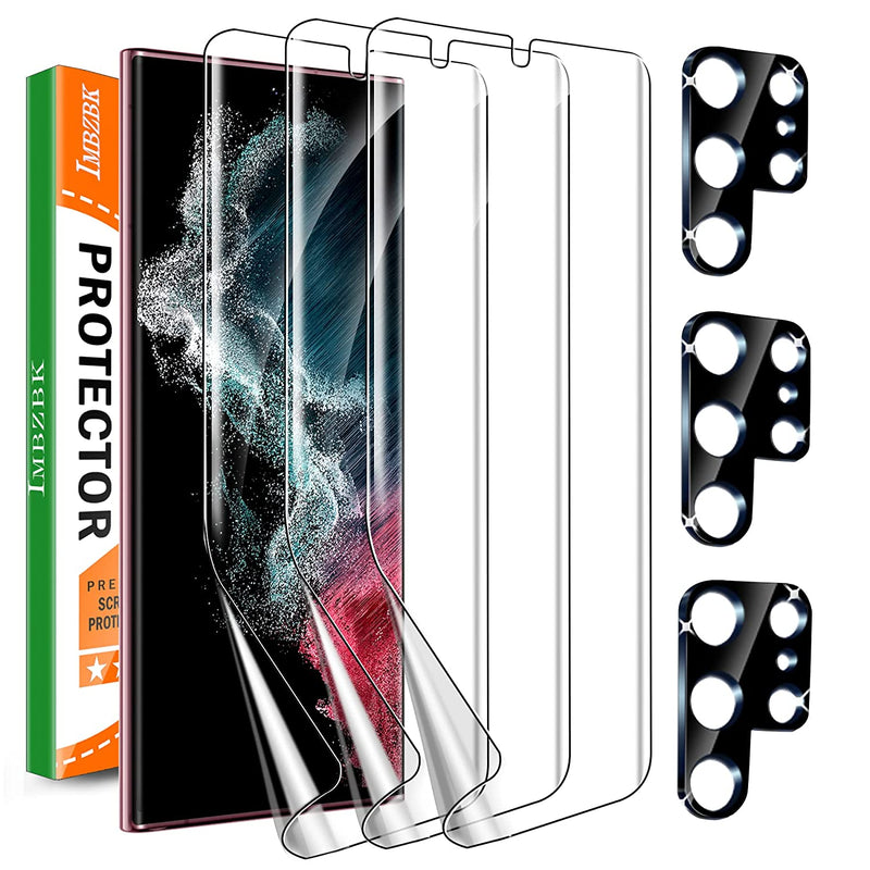 Imbzbk 3 3 Pack For Samsung Galaxy S22 Ultra 5G Screen Protector Not Glass 3 Pack Flexible Tpu Film With 3 Pack Tempered Glass Camera Lens Protector Fingerprint Compatible Case Friendly