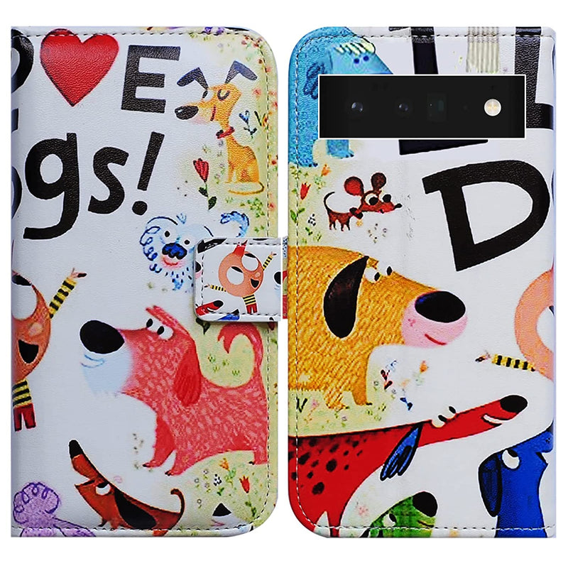 Pixel 6 Pro Case Bcov Colorful Cute Dogs Leather Flip Phone Case Wallet Cover With Card Slot Holder Kickstand For Google Pixel 6 Pro 2021