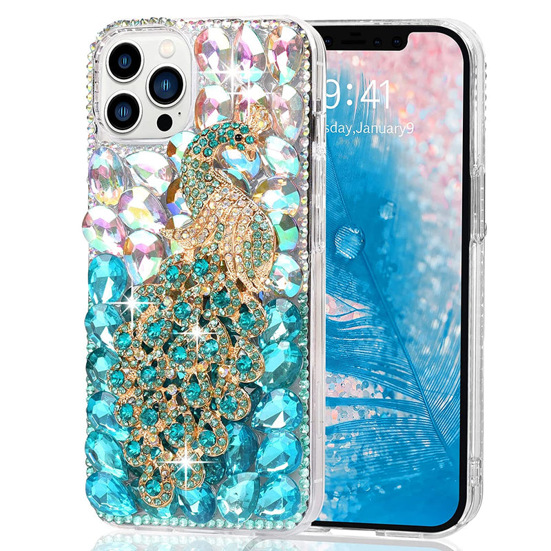 Iphone 13 Pro Max Case 3D Handmade Luxury Bling Crystal Full Shiny Diamonds Glitter Rhinestones Sparkle Gems Clear Hard Pc Cover For Women Girls Sapphire Blue Peacock
