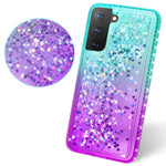 Compatible For Samsung Galaxy S21 5G Case With Tempered Glass Screen Protector Soga Diamond Liquid Quicksand Cover Cute Girl Women Phone Case Teal Purple