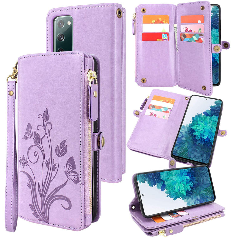 Lacass Cards Theft Scan Protection 10 Card Slots Holder Zipper Pocket Wallet Case Flip Leather Cover With Wrist Strap Magnetic Closure Stand For Samsung Galaxy S20 Fe 5Gpurple
