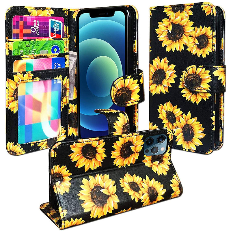 J West Sunflower Wallet Case Compatible With Iphone 12 Pro Max 6 7 Yellow Vintage Floral Magnetic Leather Stand Wrist Strap 4 Card Holder Id Slots Pocket Flip Phone Case Cover For Women Girls