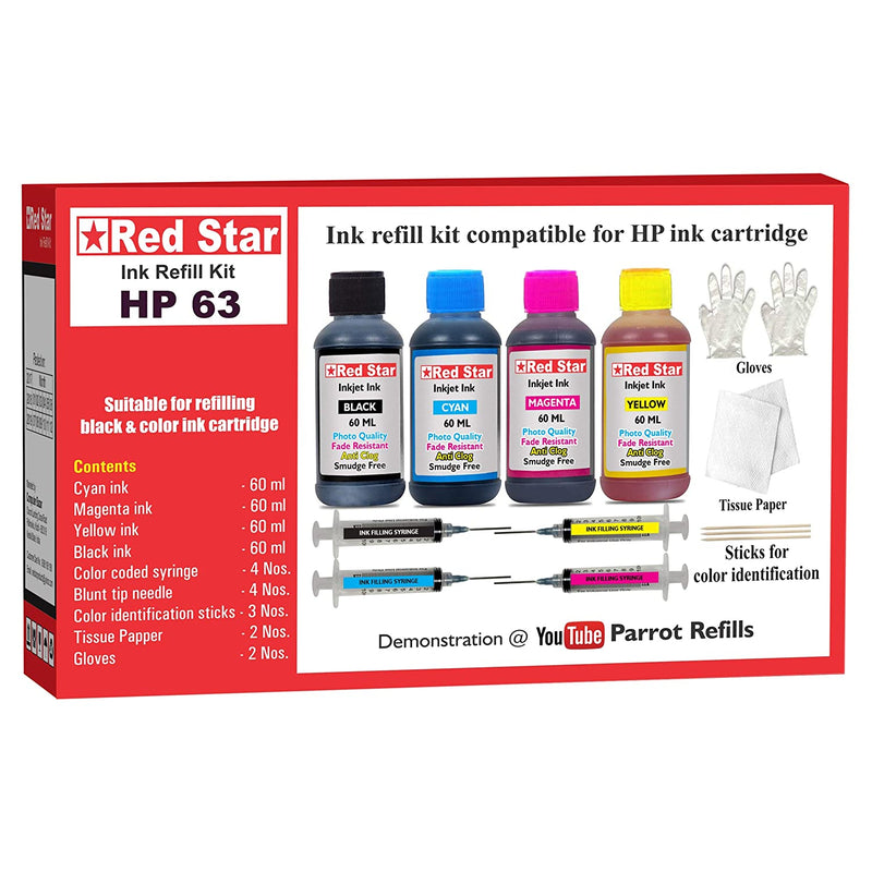 4 Color Ink Refill Kit Suitable For Hp 63 Black Color Ink Cartridge Combo Pack With 240 Ml Ink Filling Tools