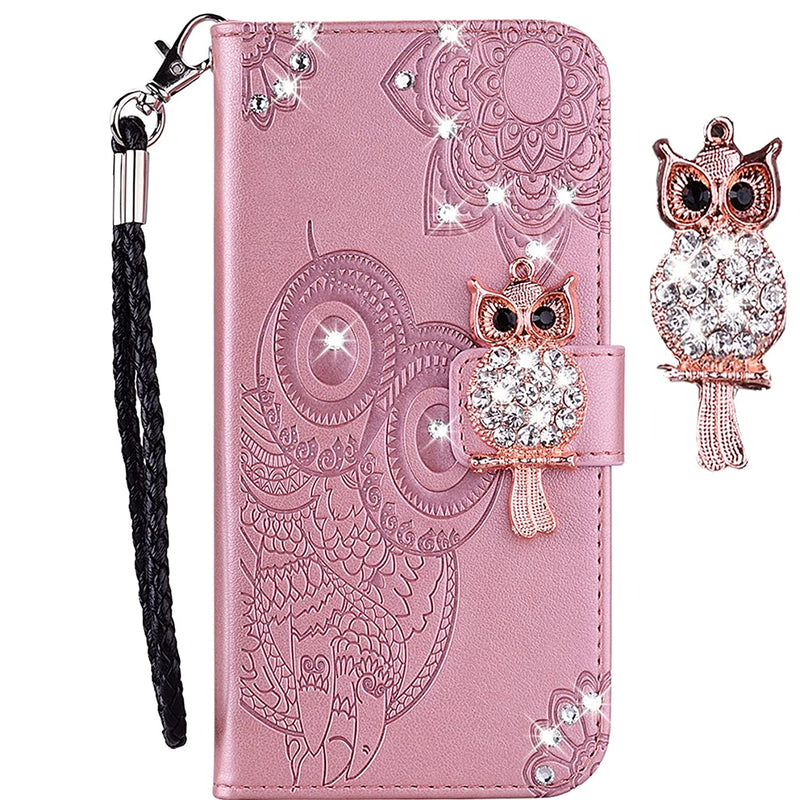 Ccsmall For Iphone 13 Pro Max Case With Credit Card Package Glitter Bling Diamond Pu Leather Wallet Phone Case With Wsrist String Flip Cover For Iphone 13 Pro Max Owl Rose Gold