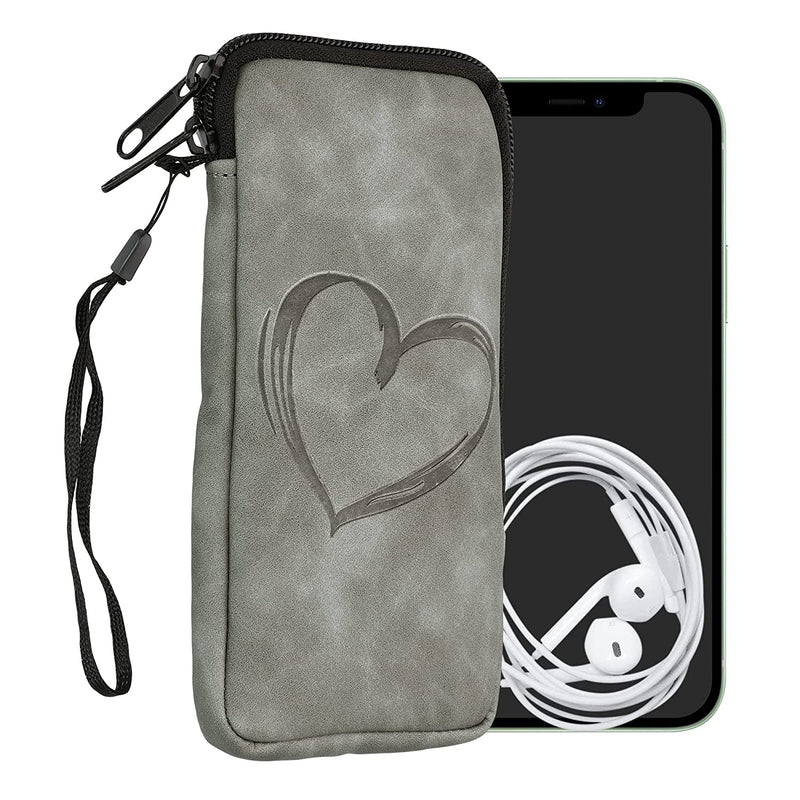 Kwmobile Universal Smartphone Pouch Size Xl 6 7 6 8 Synthetic Leather Case W Zipper Brushed Heart Grey