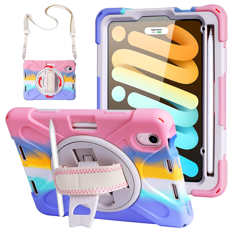 New For Ipad Mini 6 Case 2021 360 Degree Rotating Stand Shockproof Protective Cover With Pencil Holder Shoulder Strap Hand Strap For Ipad Mini 6Th Gen
