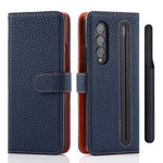 Cavor For Samsung Galaxy Z Fold 3 Wallet Case With Detachable S Pen Holder Genuine Leather Case With Card Slots And Kickstand Feature Flip Cover Case Dark Blue