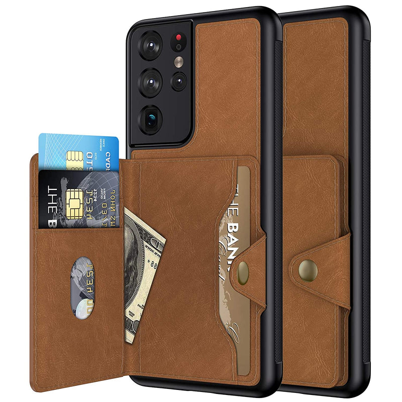 Caka Galaxy S21 Ultra Wallet Case For Men Card Holder Credit Card Slot Holder Premium Leather Durable Shockproof Protective Magnetic Closure Case For Samsung Galaxy S21 Ultra 5G 6 8 Brown