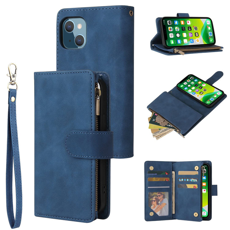 Ueebai Wallet Case For Iphone 13 Pro Max Premium Vintage Pu Leather Magnetic Closure Handbag Zipper Pocket Case Kickstand Card Holder Slots With Wrist Strap Tpu Shockproof Flip Case Blue