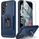 Oterkin For Samsung Galaxy S22 Case Military Grade Shockproof S22 Case With Kickstand Ring Tempered Glass Screen Protector Support Fingerprint Unlock Heavy Duty Protection Case For Galaxy S22 Navy