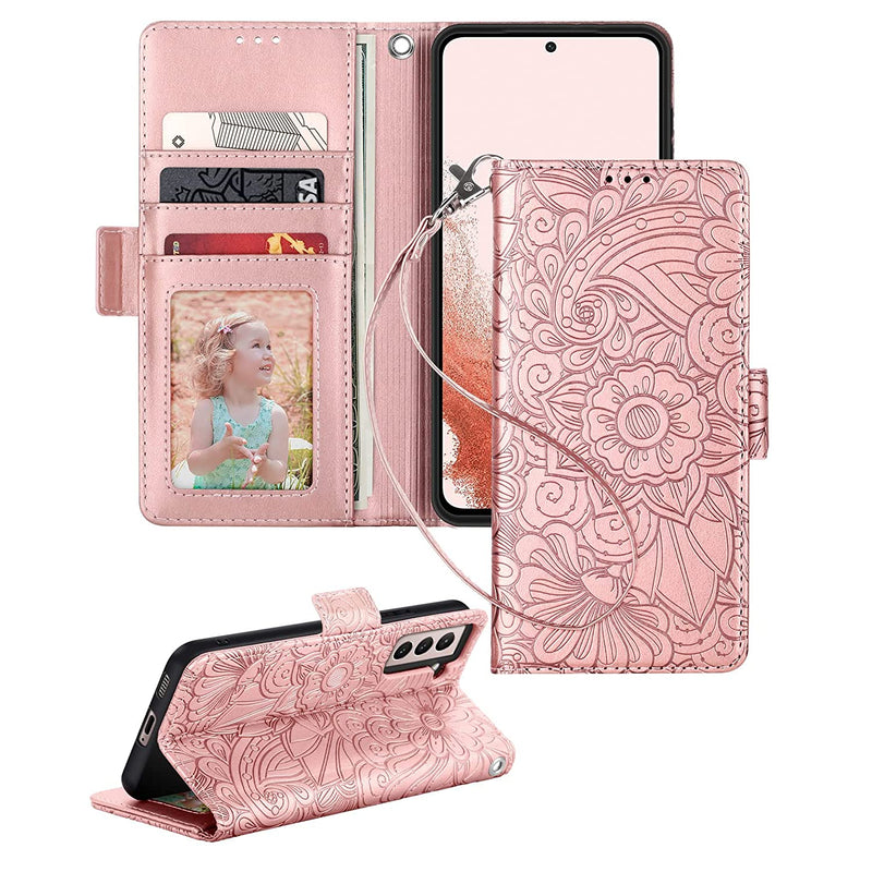 Petocase For Samsung Galaxy S22 Plus Wallet Case Embossed Mandala Floral Leather Folio Flip Wristlet Shockproof Protective Id Credit Card Slots Holder Cover For Samsung Galaxy S22 Plus Rose Gold