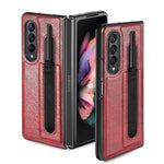 Makavo Designed For Samsung Galaxy Z Fold 3 5G Case With S Pen Holder Luxury Pu Leather Reinforced Hard Pc Shockproof Anti Scratch Protective Phone Case Slim Fit Cover Red