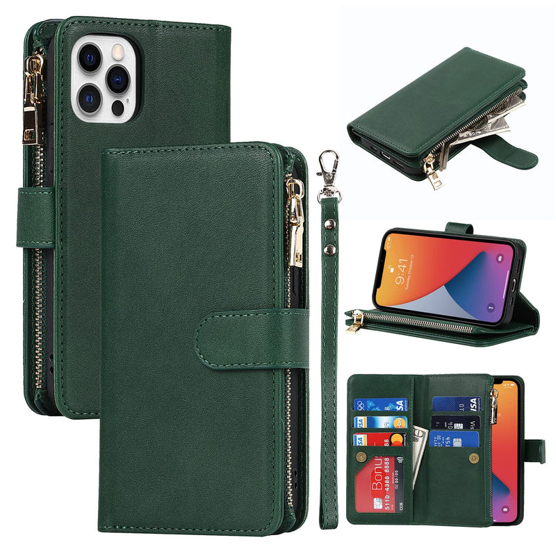 Yuhii Iphone 12 Pro Max 6 7 Case Wallet Case With 6 Card Holder Rfid Blocking Lanyard Kickstand For Women And Men Iphone 12 Pro Max Flip Cell Phone Case Folio Credit Cover Green