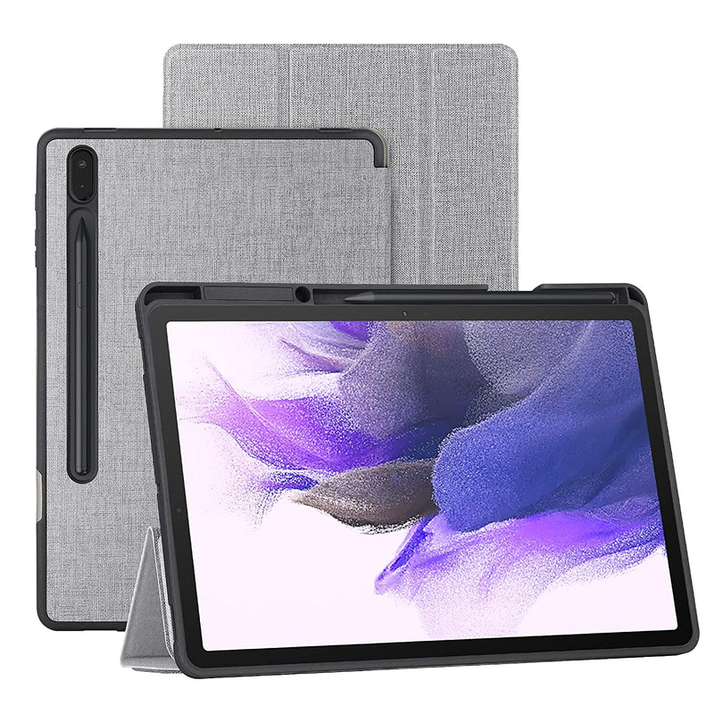 New Galaxy Tab S7 Fe Case With Pencil Holder Model Sm T730 T736 Trifold Stand Auto Sleep Wake Cover Leather Canvas Magnetic Protective Bumper For Samsu