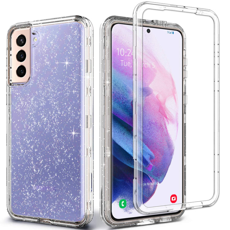 Coolwee Crystal Glitter Full Protective Case For Galaxy S21 Heavy Duty Hybrid 3 In 1 Rugged Shockproof Women Girls Transparent For Samsung Galaxy S21 6 2 Inch Shiny Clear Bling Sparkle