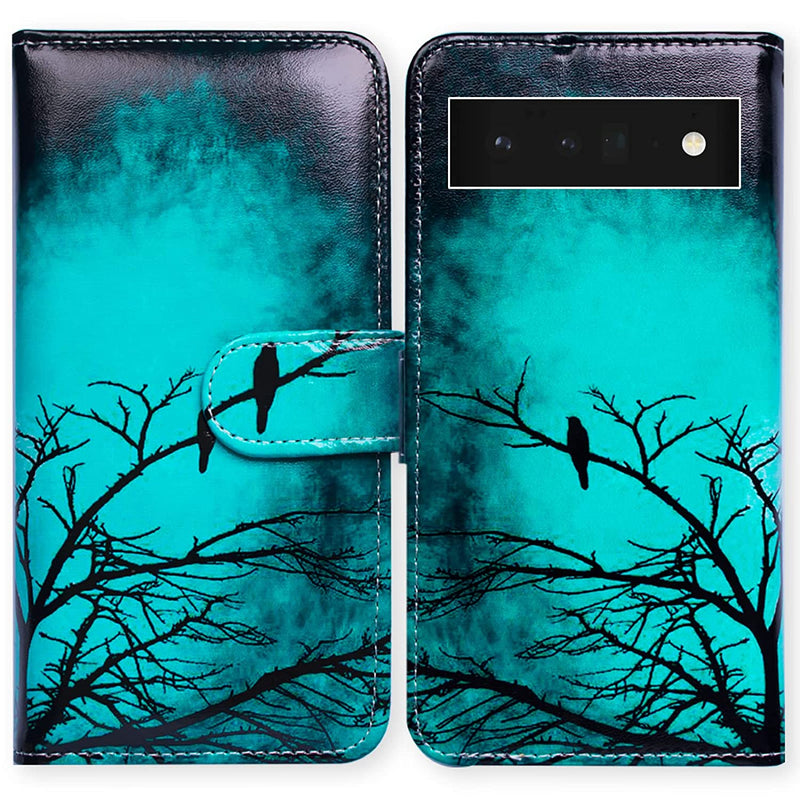 Pixel 6 Pro Case Bcov Black Bird Green Leather Flip Phone Case Wallet Cover With Card Slot Holder Kickstand For Google Pixel 6 Pro 2021