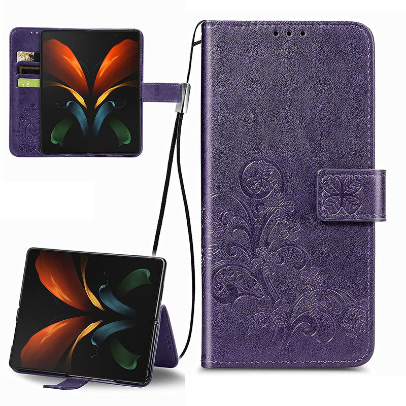 Ccsmall Samsung Galaxy Z Fold3 5G Wallet Case Four Leaf Clover Leather Flip Case With Wrist Strap And Stand Base Magnetic Closure Bumper Drop Shockproof Cover For Galaxy Z Fold3 5G Syc Purple