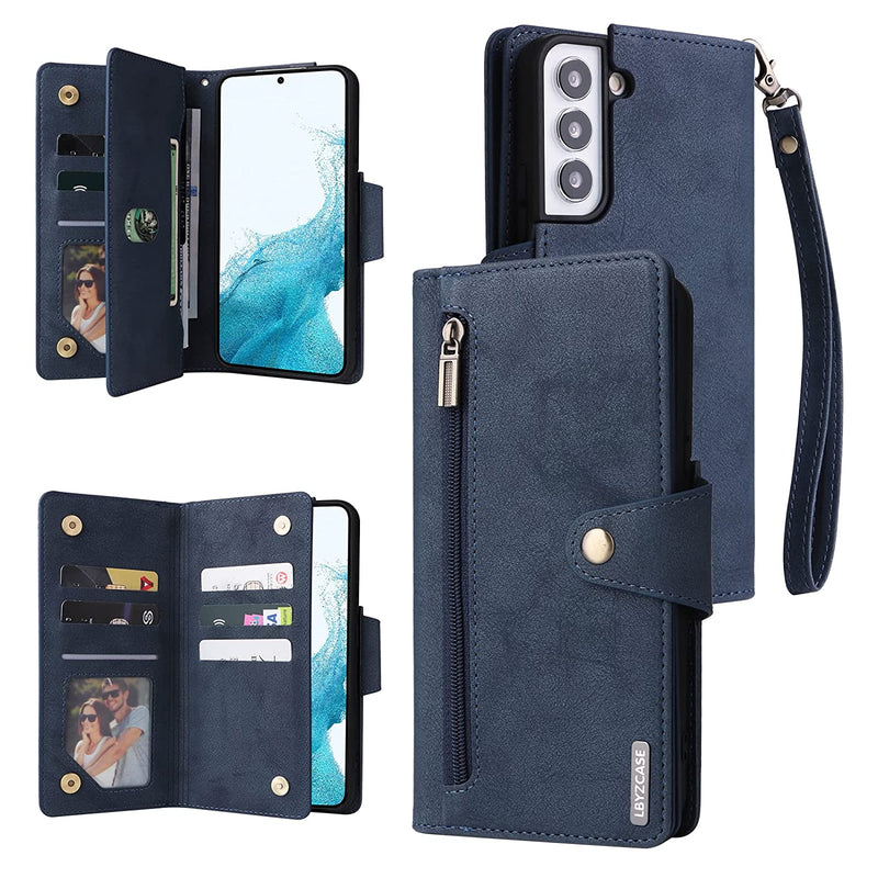 Lbyzcase For Samsung Galaxy S22 5G Case With Card Holder Wrist Strap Durable Luxury Premium Folio Flip Women Men Leather Phone Case Cover For Samsung Galaxy S22 6 1 Inch Blue