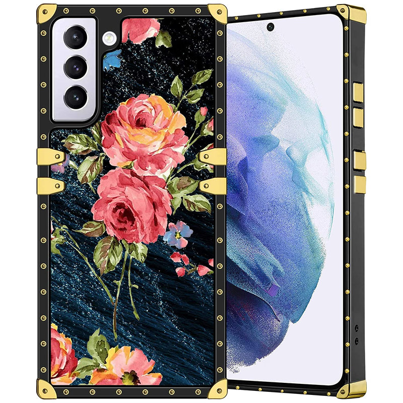Samsung Galaxy S21 Case With Pink Roses Design Hard Pc Scratch Proof Soft Tpu 360 Degree Shockproof Protective Metal Decoration Corner Anti Fall Luxury Flower Floral Square Cover For Women Girls