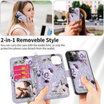 Hoggu Iphone 12 Pro Max Wallet Case Magnetic Detachable Iphone 12 Pro Max Cases Wallet With Rfid Blocking Card Holder Hand Strap Flip Folio Floral Pu Leather Cover Case For Women Girls Purple