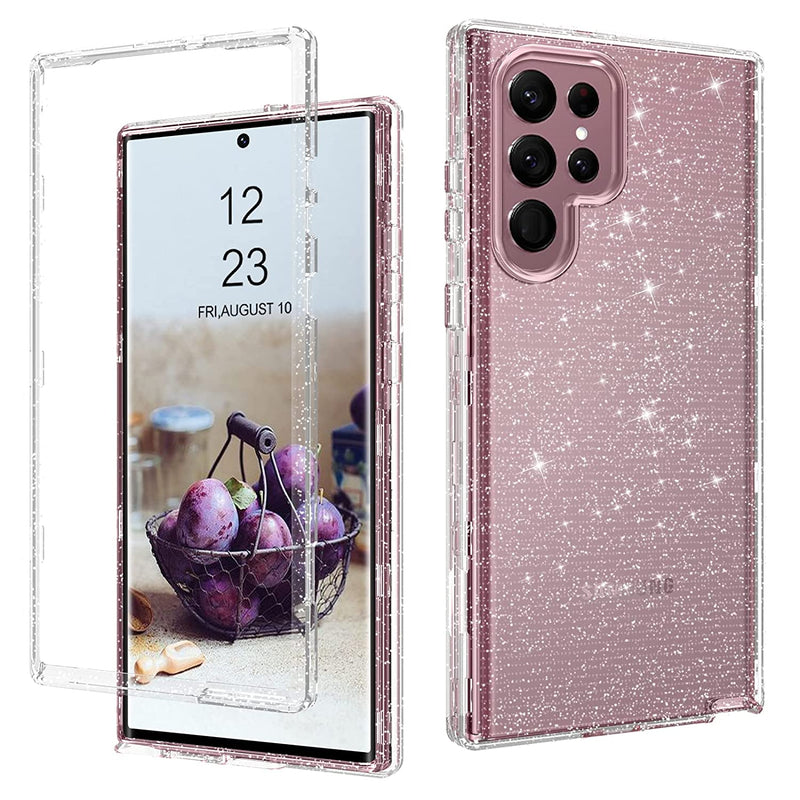 Duedue Samsung Galaxy S22 Ultra 6 8 5G Case Glitter Full Body Protective 3 In 1 Heavy Duty Hybrid Hard Pc Rugged Shockproof Women Girls Transparent Bling Sparkle Cover For Samsung S22 Ultra Clear