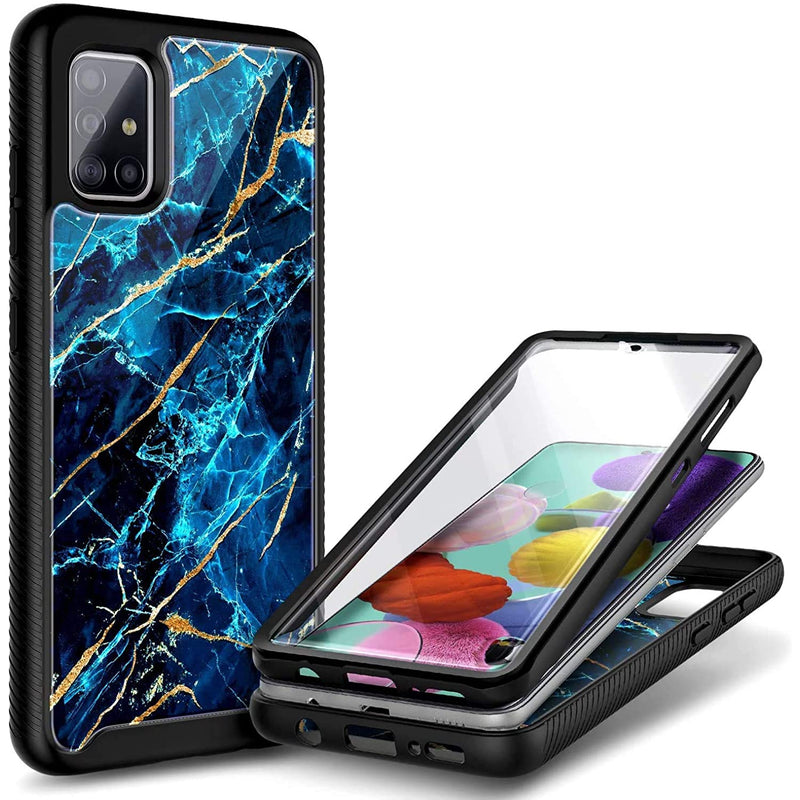 E Began Case For Samsung Galaxy A31 With Built In Screen Protector Full Body Protective Rugged Bumper Cover Shockproof Impact Resist Durable Case Marble Design Sapphire