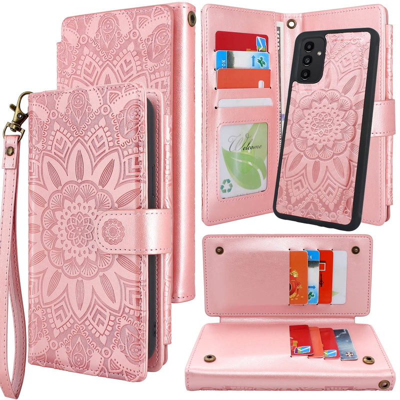Harryshell Compatible With Samsung Galaxy A13 5G Case Wallet Detachable Magnetic Cover Multi Card Slots Holder With Wrist Strap Kickstand Floral Flower Rose Gold